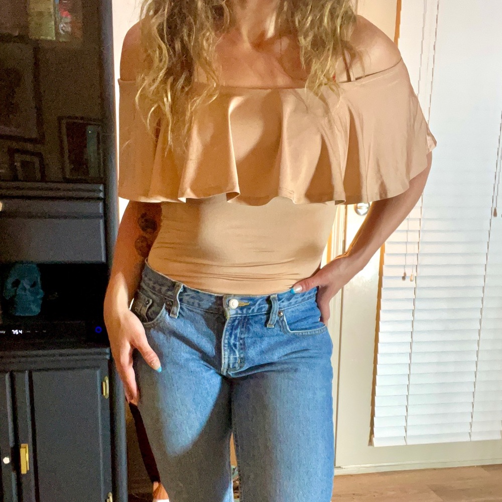 Champagne Off the Shoulder Ruffled Bodysuit